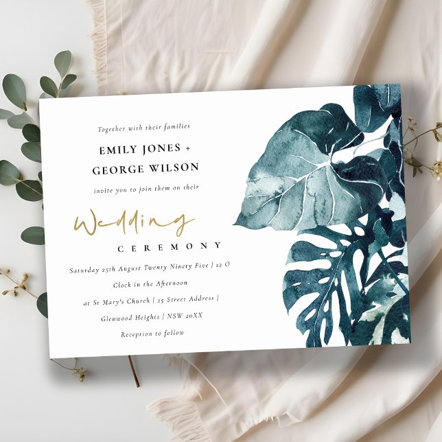 Tropical Monstera Foliage Blue Wedding Invite (Creator Uploaded)