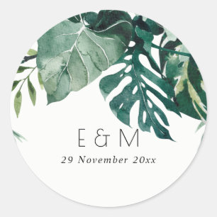 Tropical Monstera Foliage Green Monogram Wedding Classic Round Sticker
