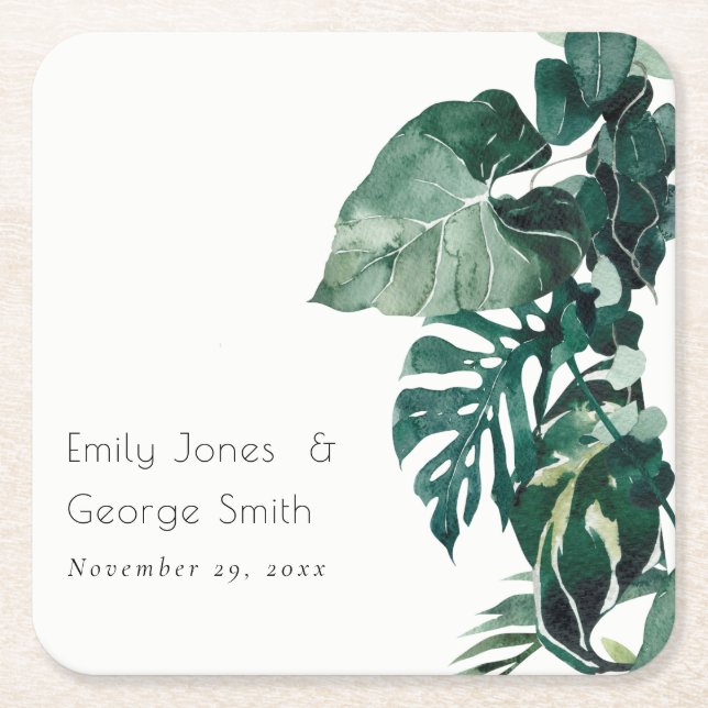 Tropical Monstera Foliage Green Rustic Wedding Square Paper Coaster (Front)