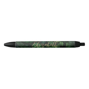 Tropical Monstera Gold Script Name Black Ink Pen