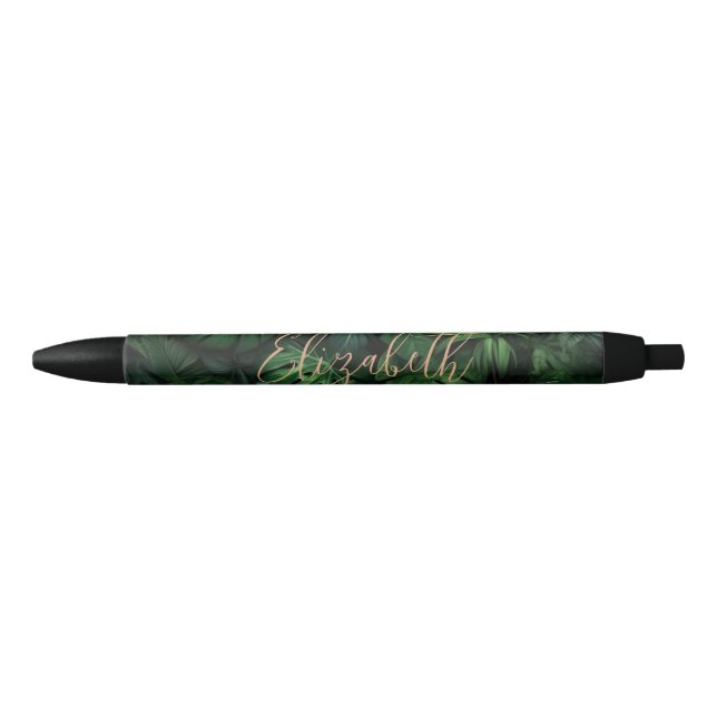 Tropical Monstera Gold Script Name Black Ink Pen (Front)
