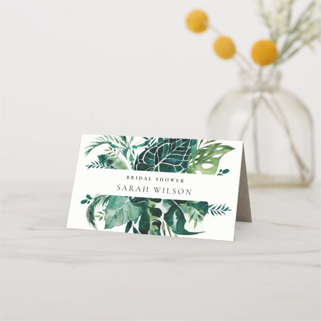 Tropical Monstera Green Fauna Leafy Bridal Shower  Place Card (Front)