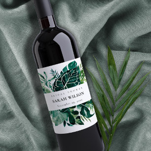Tropical Monstera Green Foliage Bridal Shower Wine Label