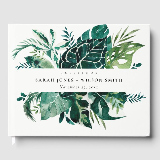 Tropical Monstera Green Foliage Leafy Wedding Guest Book (Front)