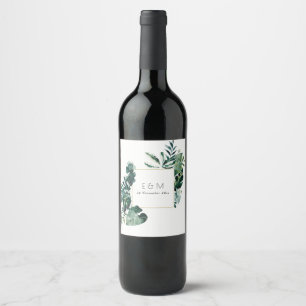 Tropical Monstera Green Foliage Monogram Wedding Wine Label