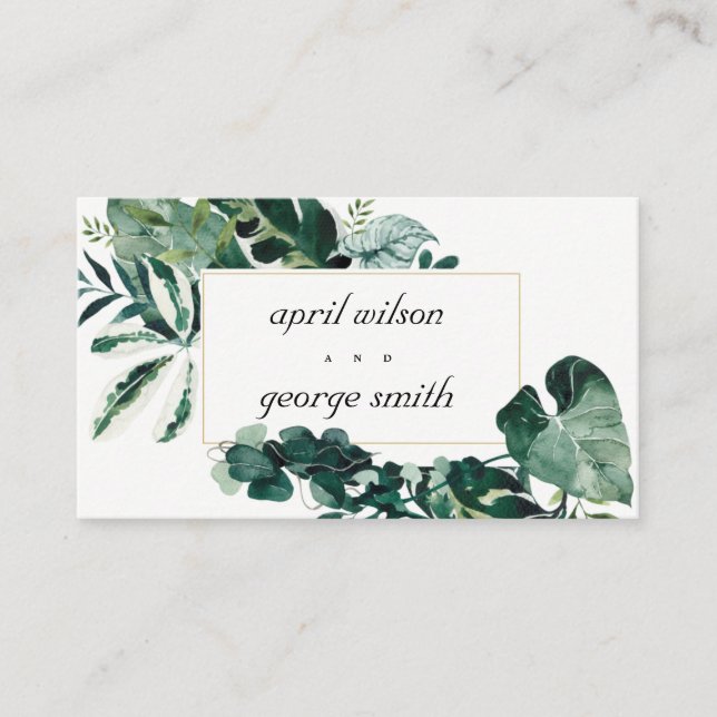 Tropical Monstera Green Foliage Wedding Website Business Card (Front)