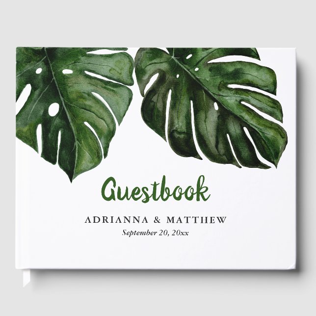 Tropical Monstera Green Leaf Wedding Guestbook (Front)