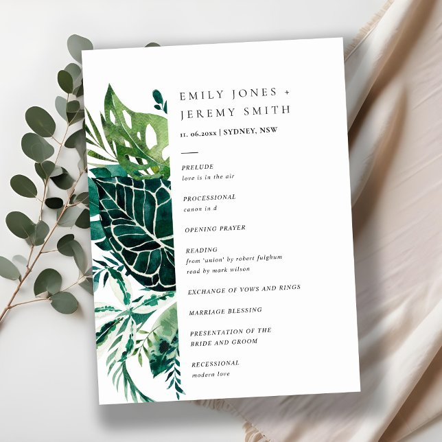 Tropical Monstera Green Leafy Foliage Wedding  Programme (Creator Uploaded)