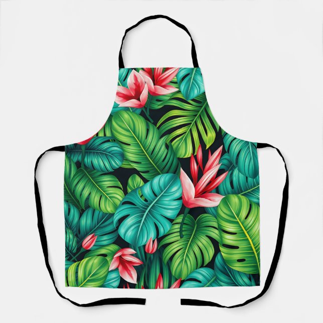Tropical Monstera Heliconia Jungle Pattern Apron (Front)
