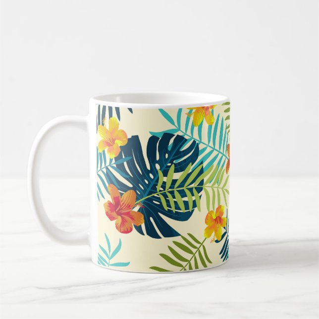 Tropical Monstera Hibiscus Summer Pattern Coffee Mug (Left)