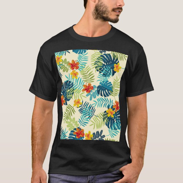 Tropical Monstera Hibiscus Summer Pattern T-Shirt (Front)