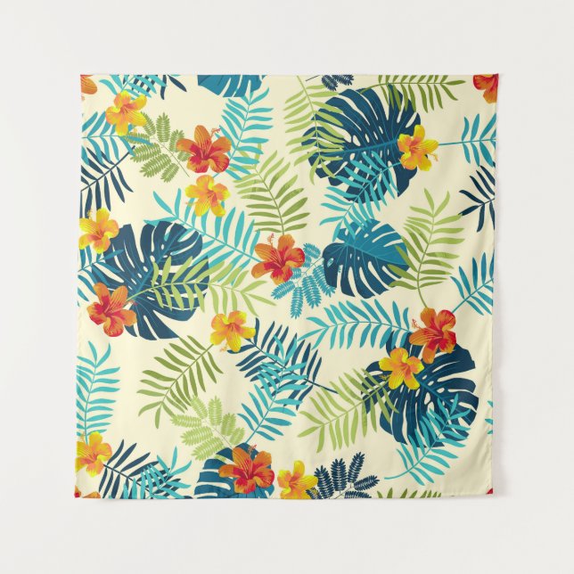 Tropical Monstera Hibiscus Summer Pattern Tapestry (Front)