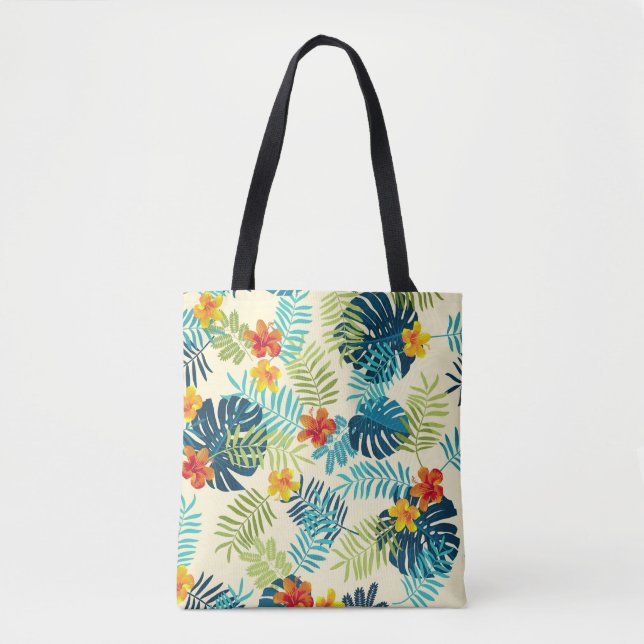 Tropical Monstera Hibiscus Summer Pattern Tote Bag (Front)