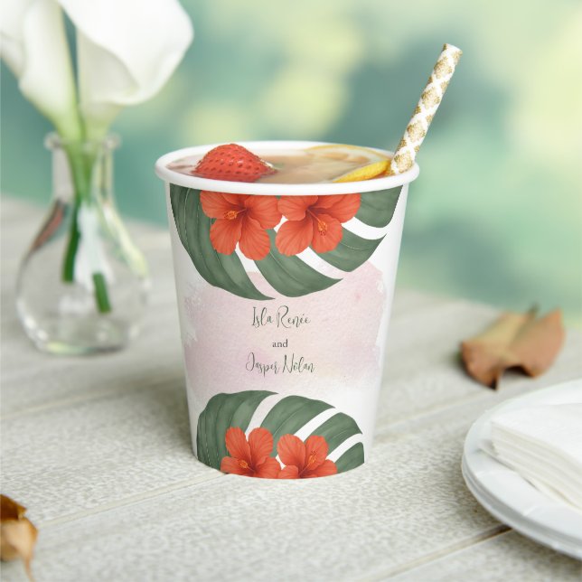 Tropical Monstera & Hibiscus Wedding Paper Cups (Insitu)