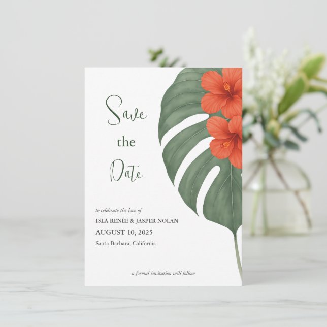 Tropical Monstera & Hibiscus Wedding Save The Date (Standing Front)