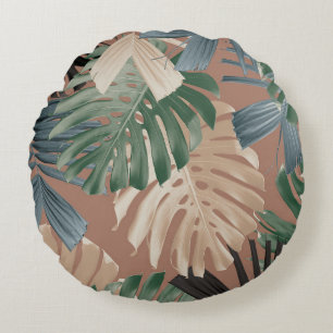 Tropical Monstera Jungle Leaves 2 Round Cushion