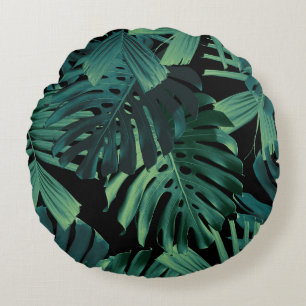 Tropical Monstera Jungle Night Leaves 1 Round Cushion