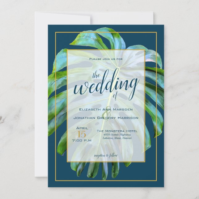 Tropical Monstera Leaf Dark Blue Gold Wedding Invitation (Front)