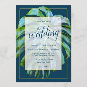 Tropical Monstera Leaf Dark Blue Gold Wedding Invitation
