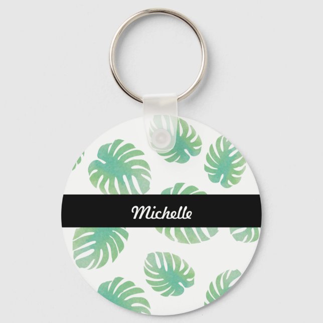 Tropical Monstera Leaf Green Pattern Name   Key Ring (Front)