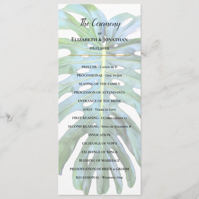 Tropical Monstera Leaf Greenery Beach Wedding Programme (Front)