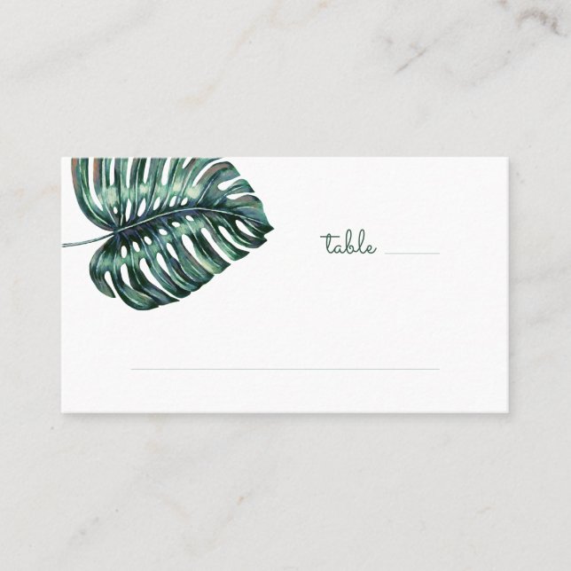 Tropical Monstera Leaf Hashtag Info Flat Place Card (Front)