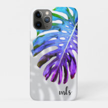 Tropical Monstera Leaf Monogram w Shadow Purple Ca