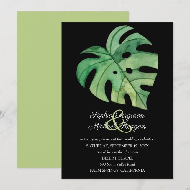 Tropical Monstera Leaf on Black Wedding Invites (Front/Back)