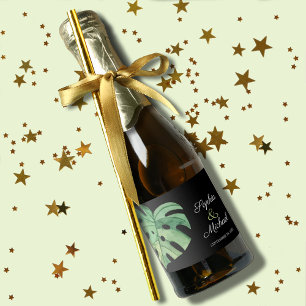 Tropical Monstera Leaf on Black Wedding MINI Sparkling Wine Label