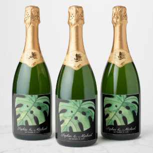 Tropical Monstera Leaf on Black Wedding Sparkling Wine Label