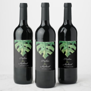 Tropical Monstera Leaf on Black Wedding Wine Label
