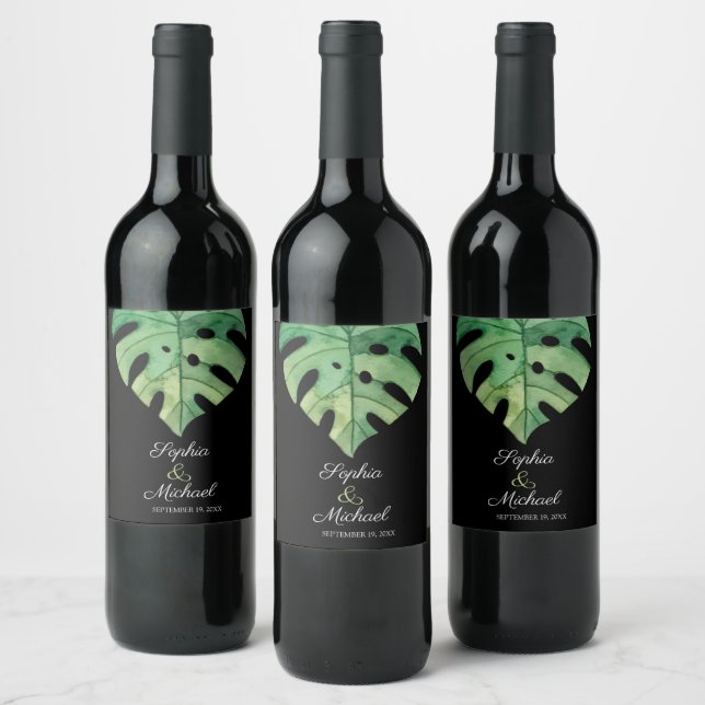 Tropical Monstera Leaf on Black Wedding Wine Label (Bottles)