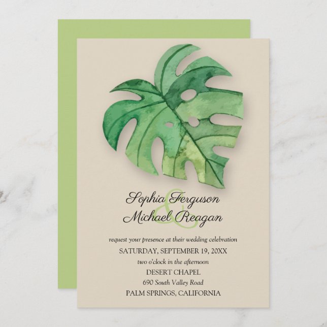 Tropical Monstera Leaf on Tan Wedding Invites (Front/Back)