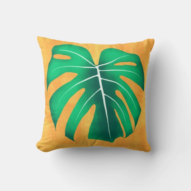 Tropical Monstera Leaf on Yellow Cushion (Front)