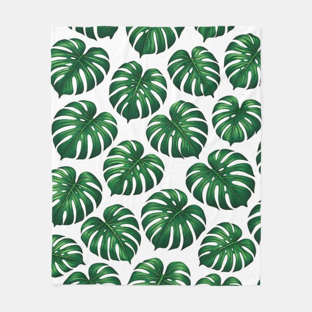 Tropical Monstera Leaf Pattern Fleece Blanket (Front)