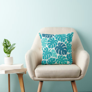 Tropical Monstera Leaf Pattern in Blue and Teal Cushion