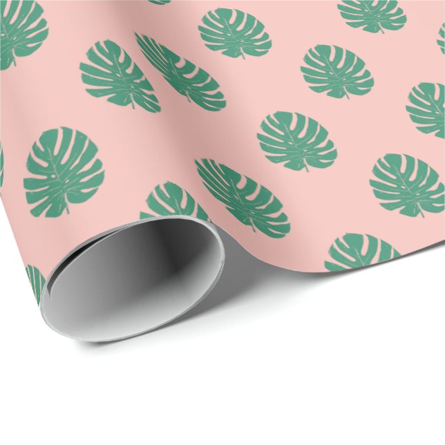 Tropical Monstera Leaf Pattern in Pink and Green Wrapping Paper (Roll Corner)