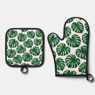 Tropical Monstera Leaf Pattern Oven Mitt & Pot Holder Set