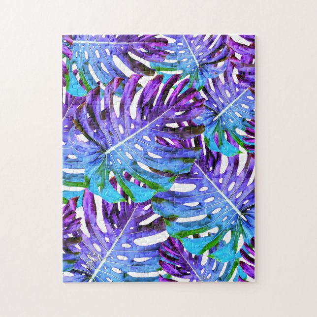 Tropical Monstera Leaf Pattern Purple Jigsaw Puzzle (Vertical)