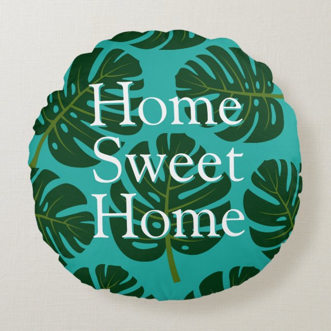 Tropical Monstera leaf print custom round throw Cushion (Front)