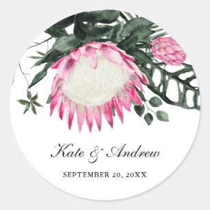 Tropical Monstera Leaf   Protea Floral Wedding  Classic Round Sticker