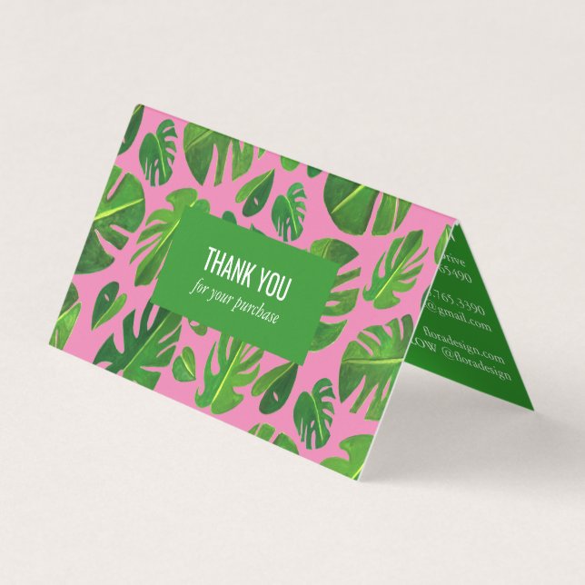 Tropical Monstera Leaf QR Code Social Icons Thanks Business Card (Front)