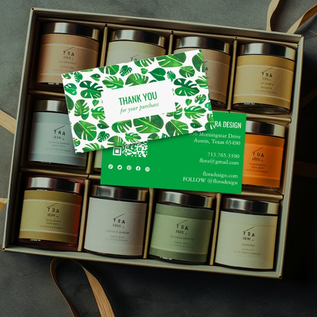 Tropical Monstera Leaf QR Code Social Icons Thanks Business Card (Watercolor monstera leaf thank you business cards with social icons and QR code)