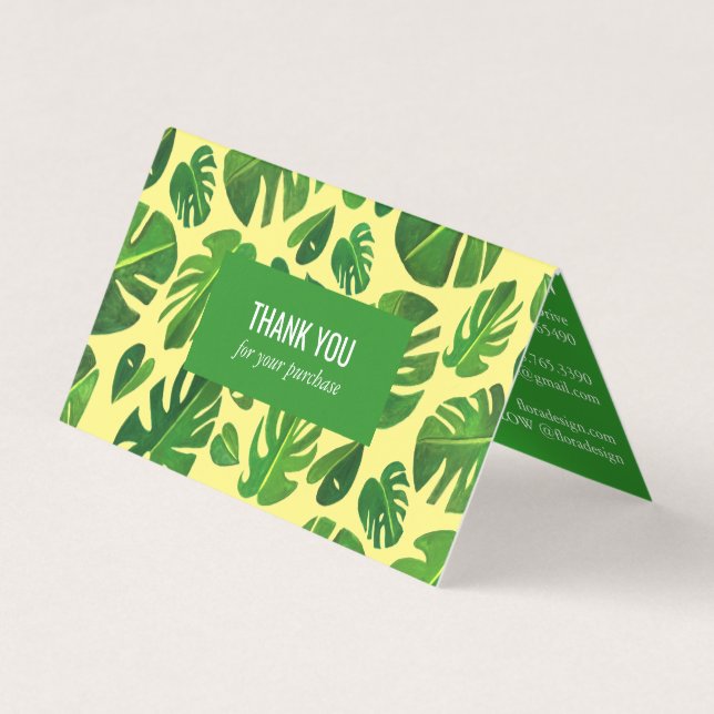 Tropical Monstera Leaf QR Code Social Icons Thanks Business Card (Front)