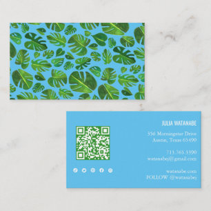 Tropical Monstera Leaf QR Code Social Media Chic Business Card