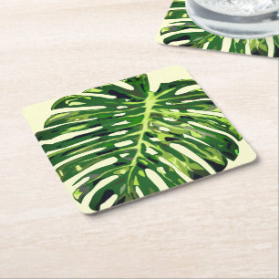Tropical Monstera Leaf Square Paper Coaster