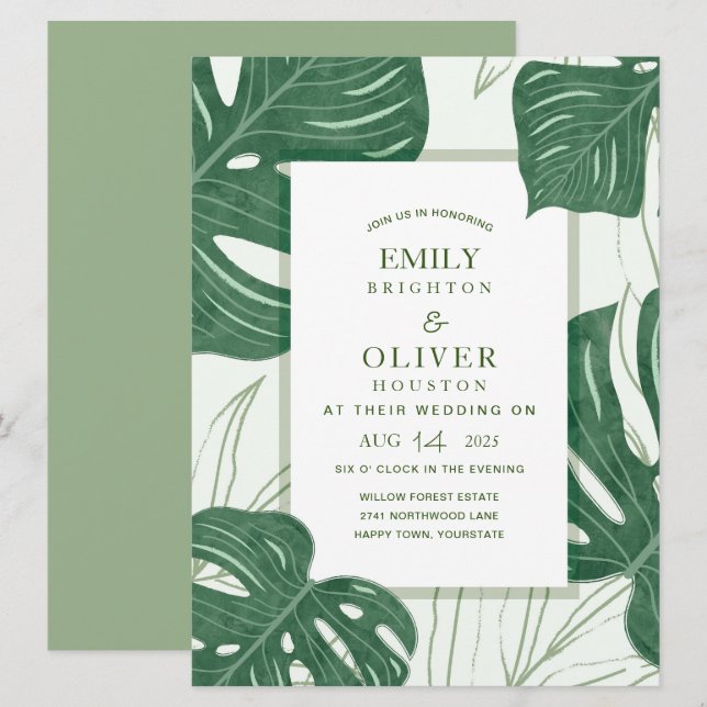 Tropical Monstera leaf wedding invitations (Front/Back)