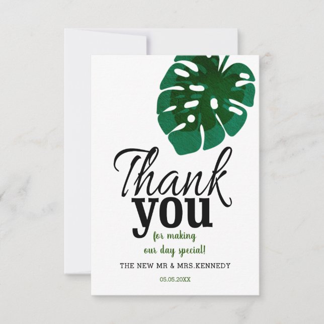 Tropical Monstera Leaf Wedding Thank You (Front)