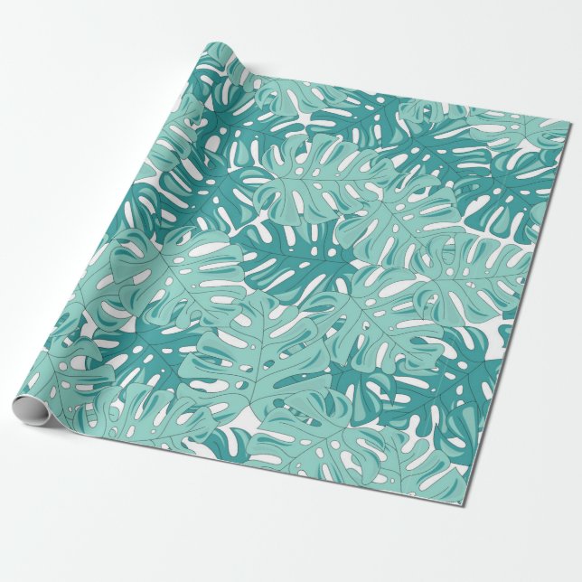 Tropical Monstera Leave Blue and White Watercolor Wrapping Paper (Unrolled)
