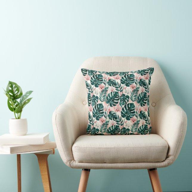 Tropical Monstera Leaves and Delicate Orchids Cushion (Chair)